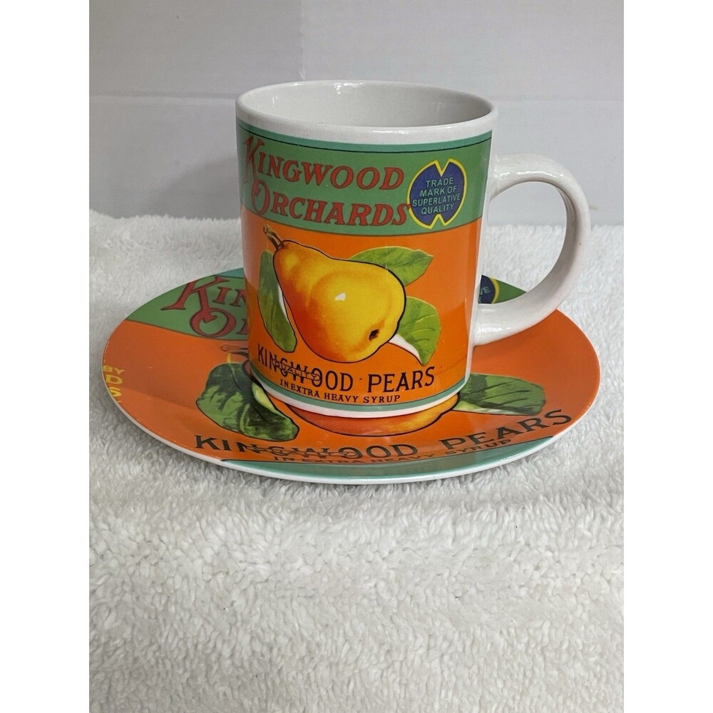 Kingwood Orchards label Pears Extra Heavy Syrup Mug & Plate Kane Home VTG